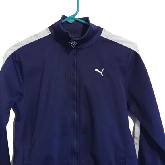 Puma Kids Size Medium Warm Up Jacket Youth Blue/White Zip Front Collar - Picture 3 of 7